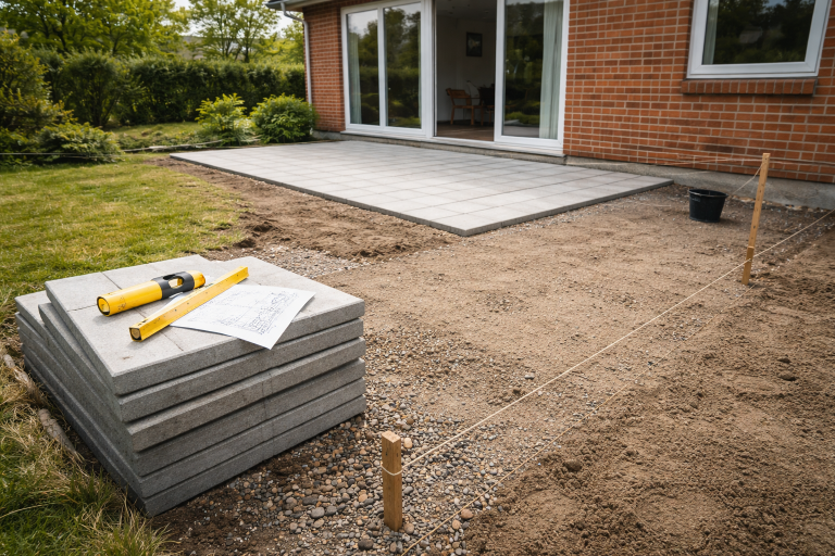 Planlægning af terrasse: underlag, fald, materialer, regler og budget